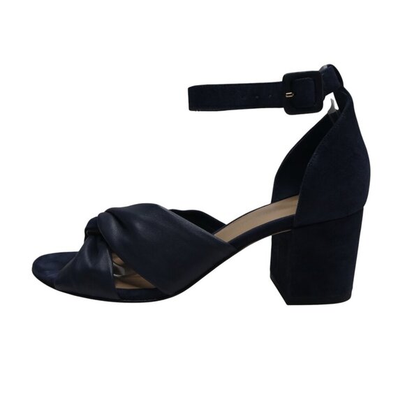 Diane Von Furstenberg Pasadena Blue Leather Open Toe Chunky Heel Sandals - Picture 4 of 13